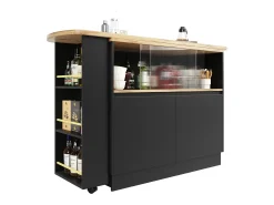 Aparador negro, aparador de cocina con 2 puertas de cristal y 2 de MDF, encimera giratoria