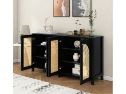 Aparador negro con 4 puertas de ratán y estantes regulables, tiradores de metal, para salón y comedor