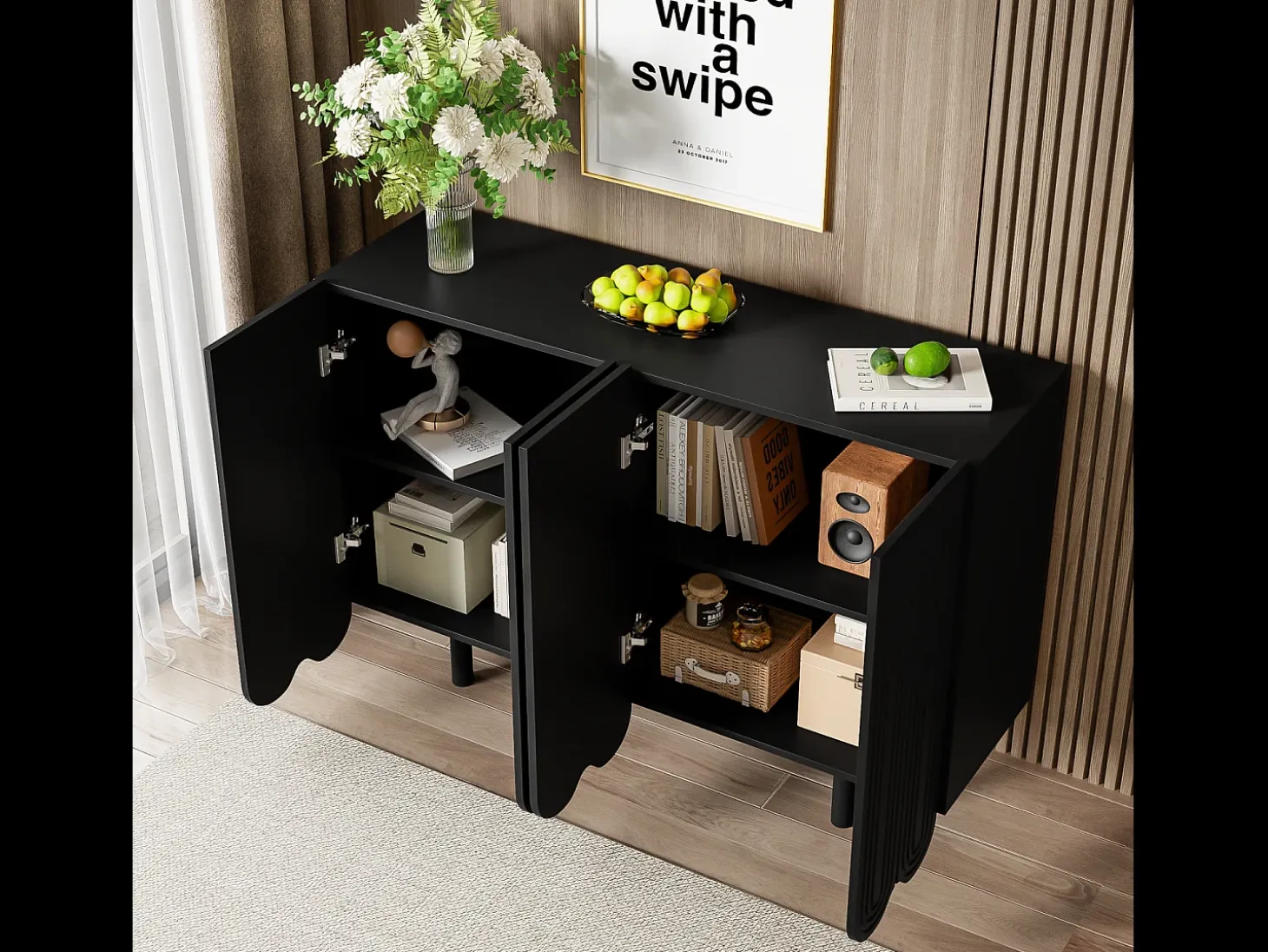 Aparador negro con 4 puertas texturizadas y patas cilíndricas - para salón y comedor