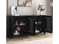 Aparador negro con puertas de espejo, 4 puertas, cristales, MDF, negro (160x40x84 cm)