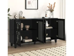 Aparador negro con puertas de espejo, 4 puertas, cristales, MDF, negro (160x40x84 cm)