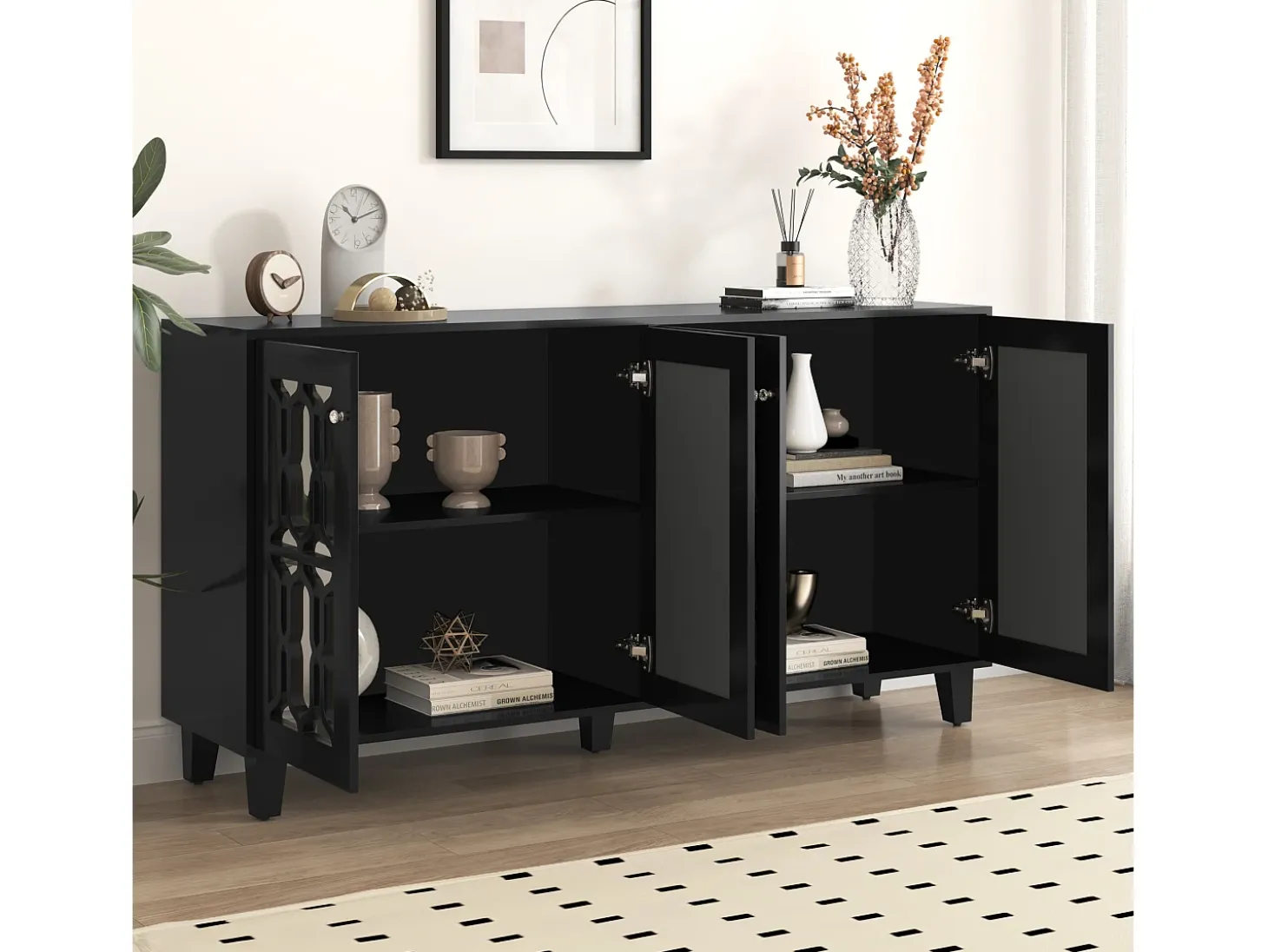 Aparador negro con puertas de espejo, 4 puertas, cristales, MDF, negro (160x40x84 cm)