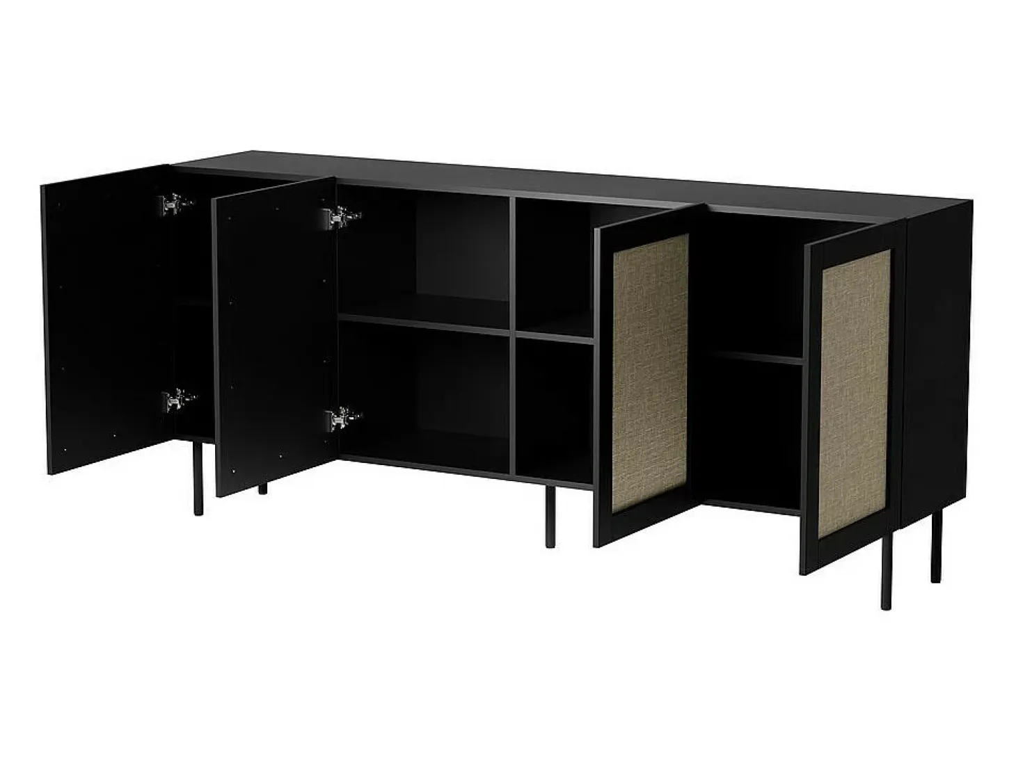Aparador negro de 200 cm con 4 puertas y frentes de ratán Rota
