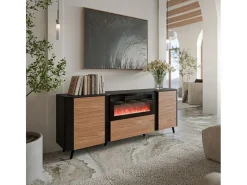 Aparador negro mate y madera 200cm con chimenea y calefactor Lucky