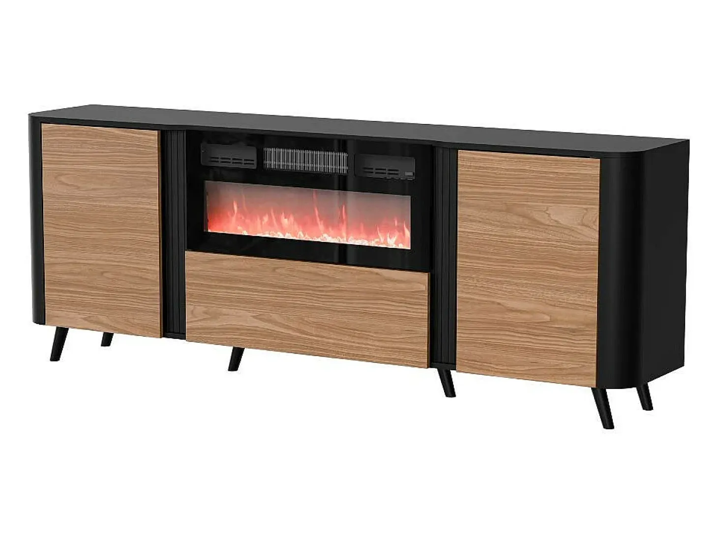Aparador negro mate y madera 200cm con chimenea y calefactor Lucky
