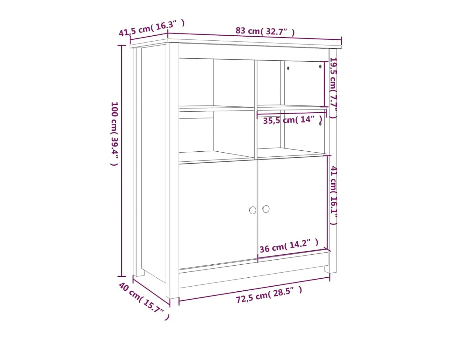 Aparador Negro 83x41,5x100 cm Madera Maciza de Pino
