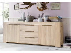 Aparador Nordo roble macizo blanqueado 2 puertas 3 cajones 228 cm