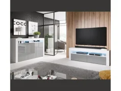Aparador para Salón comedor en Blanco y Gris con LED 155x37x91,5cm Aker