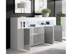 Aparador para Salón comedor en Blanco y Gris con LED 155x37x91,5cm Aker