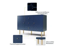 Aparador para salón dormitorio - 120 x 40 x 83 cm - con 2 puertas + 3 cajones - madera + metal - azul