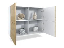 Aparador Rova V3 – Armario de cocina moderno con 4 puertas Push-to-Open blanco mate / crema de alto brillo (92,5 x 73.5 x 35)