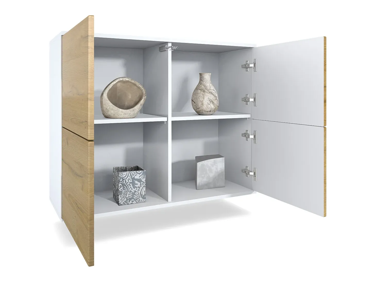 Aparador Rova V3 – Armario de cocina moderno con 4 puertas Push-to-Open blanco mate / crema de alto brillo (92,5 x 73.5 x 35)