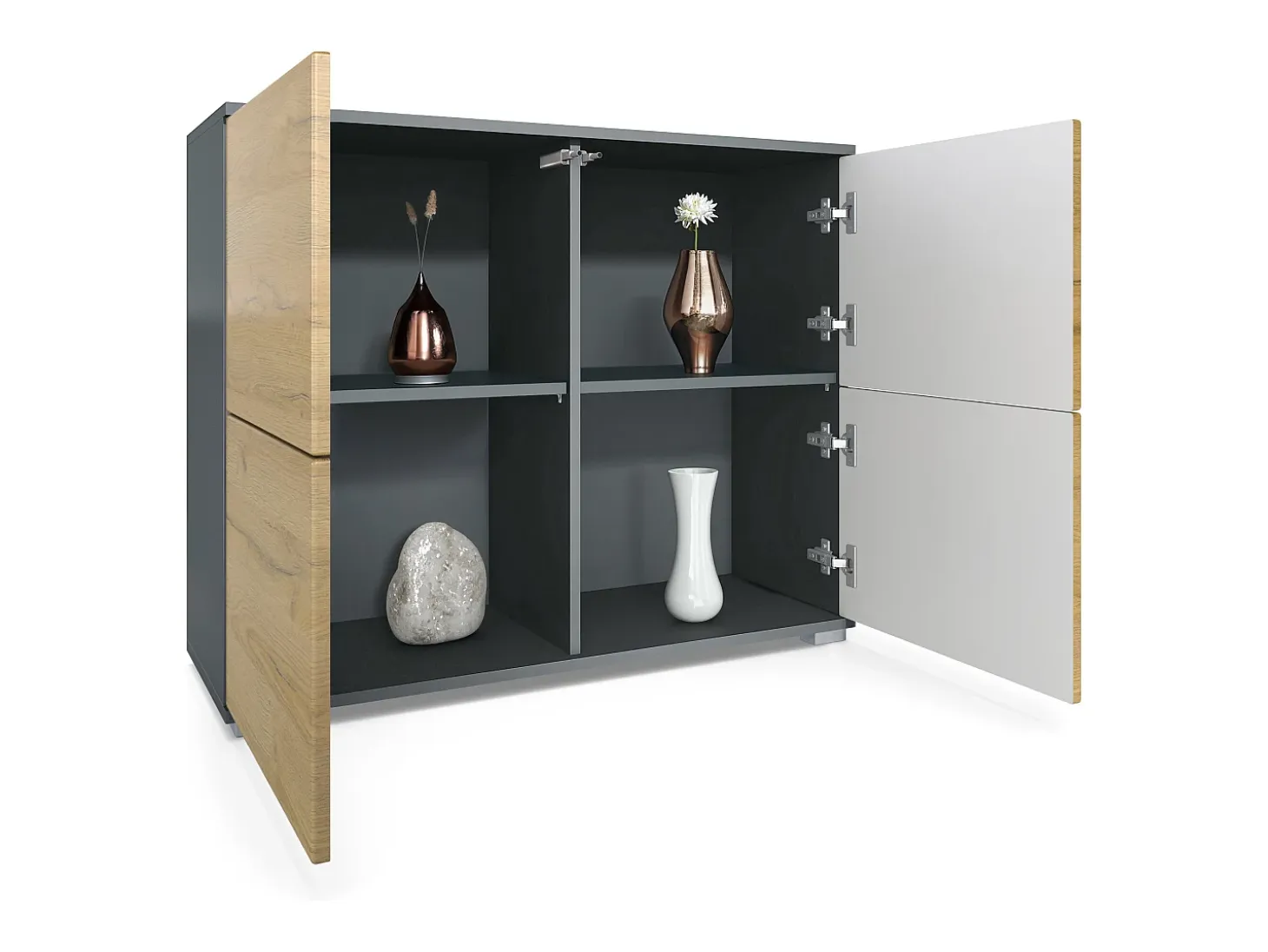 Aparador Rova V3 – Armario de cocina moderno con 4 puertas Push-to-Open antracita mate / blanco de alto brillo (92,5 x 75.5 x 35)