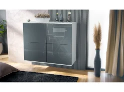 Aparador Rova V3 – Armario de cocina moderno con 4 puertas Push-to-Open blanco mate / gris de alto brillo (92,5 x 73.5 x 35)