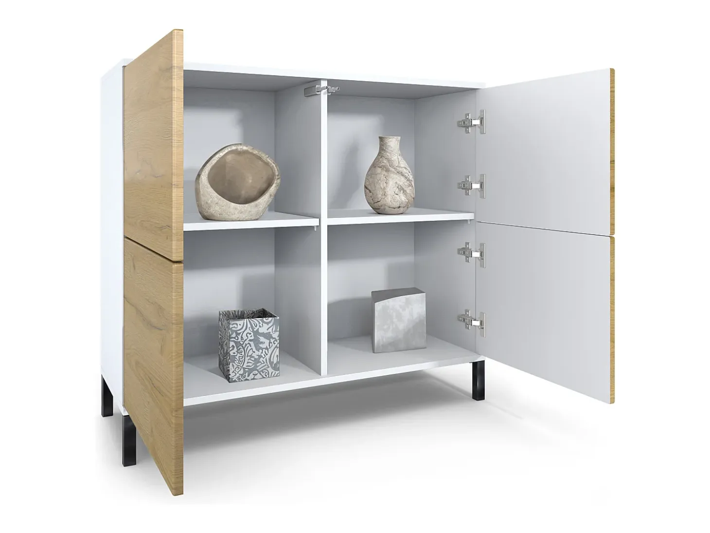 Aparador Rova V3 – Armario de cocina moderno con 4 puertas Push-to-Open blanco mate / blanco de alto brillo (92,5 x 83.5 x 35)