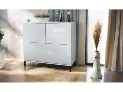 Aparador Rova V3 – Armario de cocina moderno con 4 puertas Push-to-Open blanco mate / blanco de alto brillo (92,5 x 83.5 x 35)