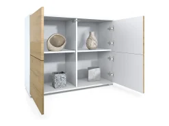 Aparador Rova V3 – Armario de cocina moderno con 4 puertas Push-to-Open blanco mate / burdeos de alto brillo (92,5 x 75.5 x 35)