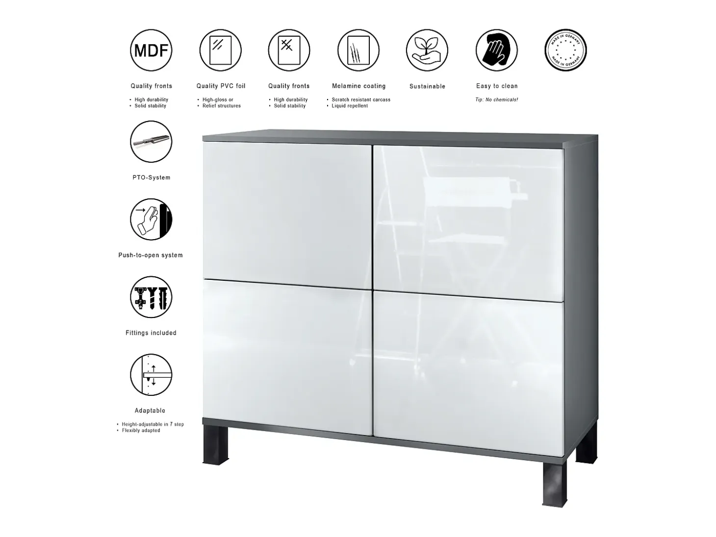 Aparador Rova V3 – Armario de cocina moderno con 4 puertas Push-to-Open antracita mate / blanco de alto brillo (92,5 x 84.5 x 35)