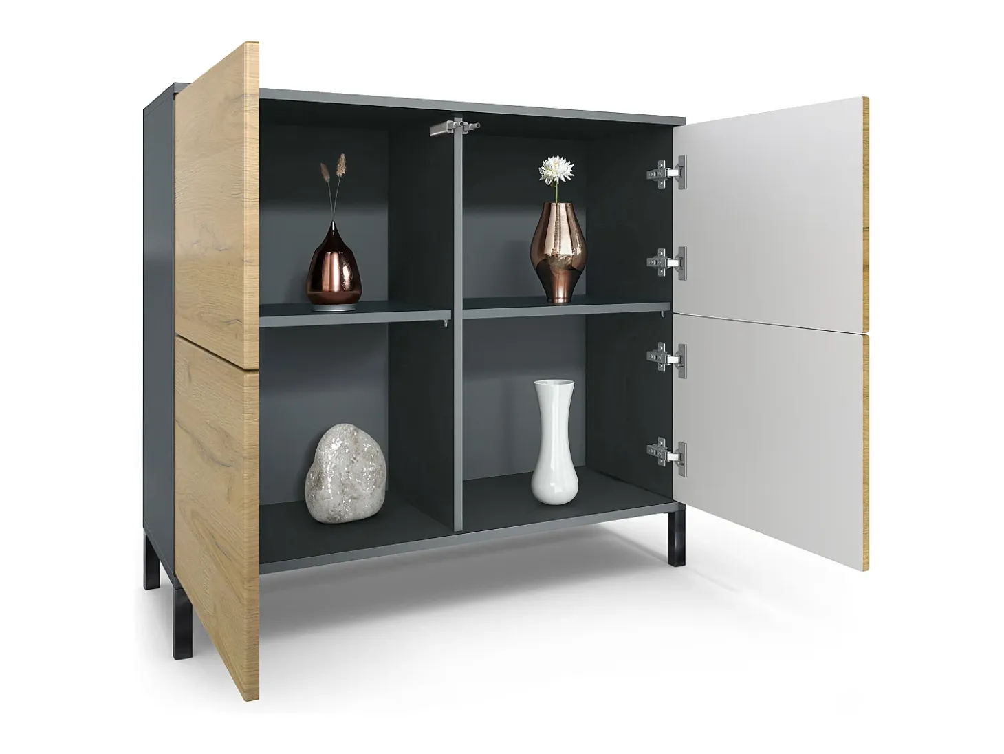 Aparador Rova V3 – Armario de cocina moderno con 4 puertas Push-to-Open antracita mate / blanco de alto brillo (92,5 x 83.5 x 35)