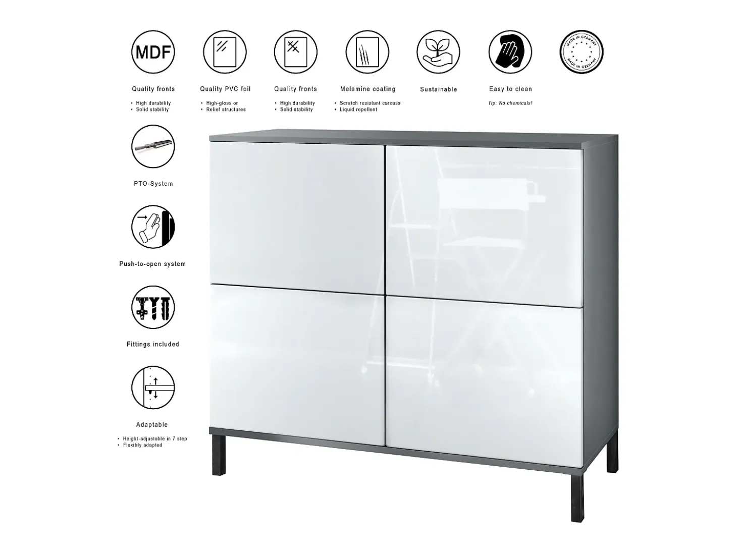 Aparador Rova V3 – Armario de cocina moderno con 4 puertas Push-to-Open antracita mate / blanco de alto brillo (92,5 x 83.5 x 35)