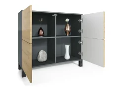 Aparador Rova V3 – Armario de cocina moderno con 4 puertas Push-to-Open antracita mate / hormigón oxidado (92,5 x 84.5 x 35)