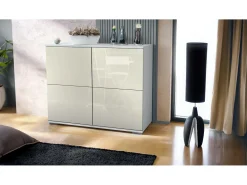 Aparador Rova V3 – Armario de cocina moderno con 4 puertas Push-to-Open blanco mate / crema de alto brillo (92,5 x 75.5 x 35)