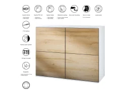 Aparador Rova V3 – Armario de cocina moderno con 4 puertas Push-to-Open blanco mate / roble natural (92,5 x 73.5 x 35)