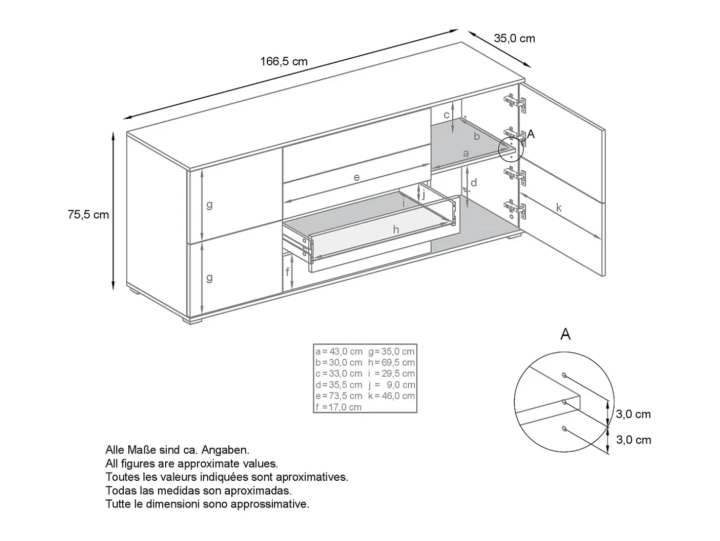 Aparador Rova V2 – Mueble con 4 Puertas y 4 Cajones, blanco mate/roble natural (166,5 x 75,5 x 35)