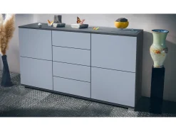 Aparador Rova V1 – Mueble con 4 Puertas y 4 Cajones, antracita mate/mezclilla mate (138,5 x 75,5 x 35)