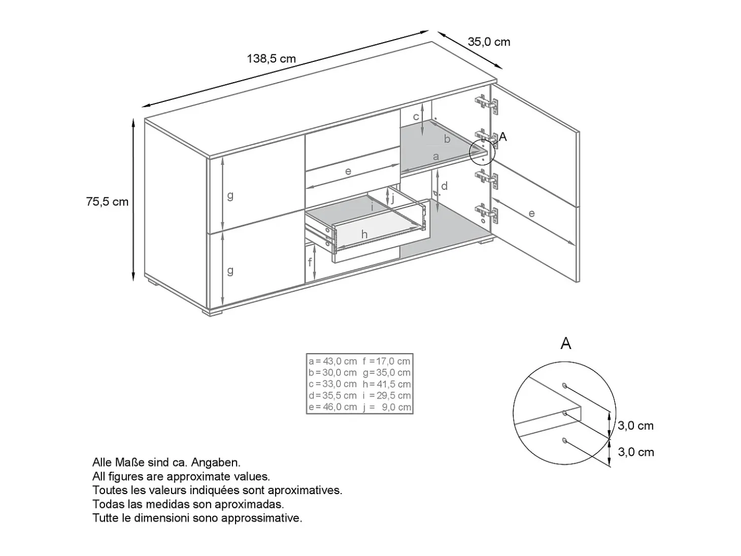 Aparador Rova V1 – Mueble con 4 Puertas y 4 Cajones, Roble Evoke/aspecto en bronce (138,5 x 75,5 x 35)
