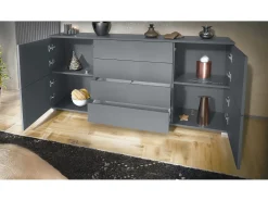 Aparador Rova V2 – Mueble con 4 Puertas y 4 Cajones, antracita mate/Roble Evoke (166,5 x 75,5 x 35)