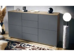 Aparador Rova V1 – Mueble con 4 Puertas y 4 Cajones, Roble Evoke/antracita mate (138,5 x 75,5 x 35)