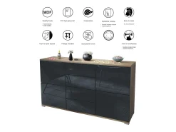 Aparador Rova V1 – Mueble con 4 Puertas y 4 Cajones, Roble Evoke/negro de alto brillo (138,5 x 75,5 x 35)