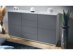 Aparador Rova V1 – Mueble con 4 Puertas y 4 Cajones, blanco mate/antracita mate (138,5 x 75,5 x 35)
