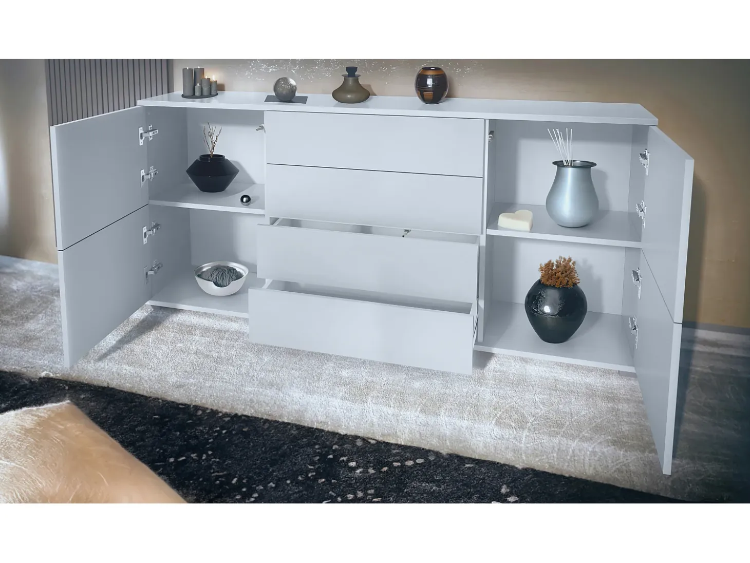 Aparador Rova V2 – Mueble con 4 Puertas y 4 Cajones, blanco mate/mezclilla mate (166,5 x 75,5 x 35)