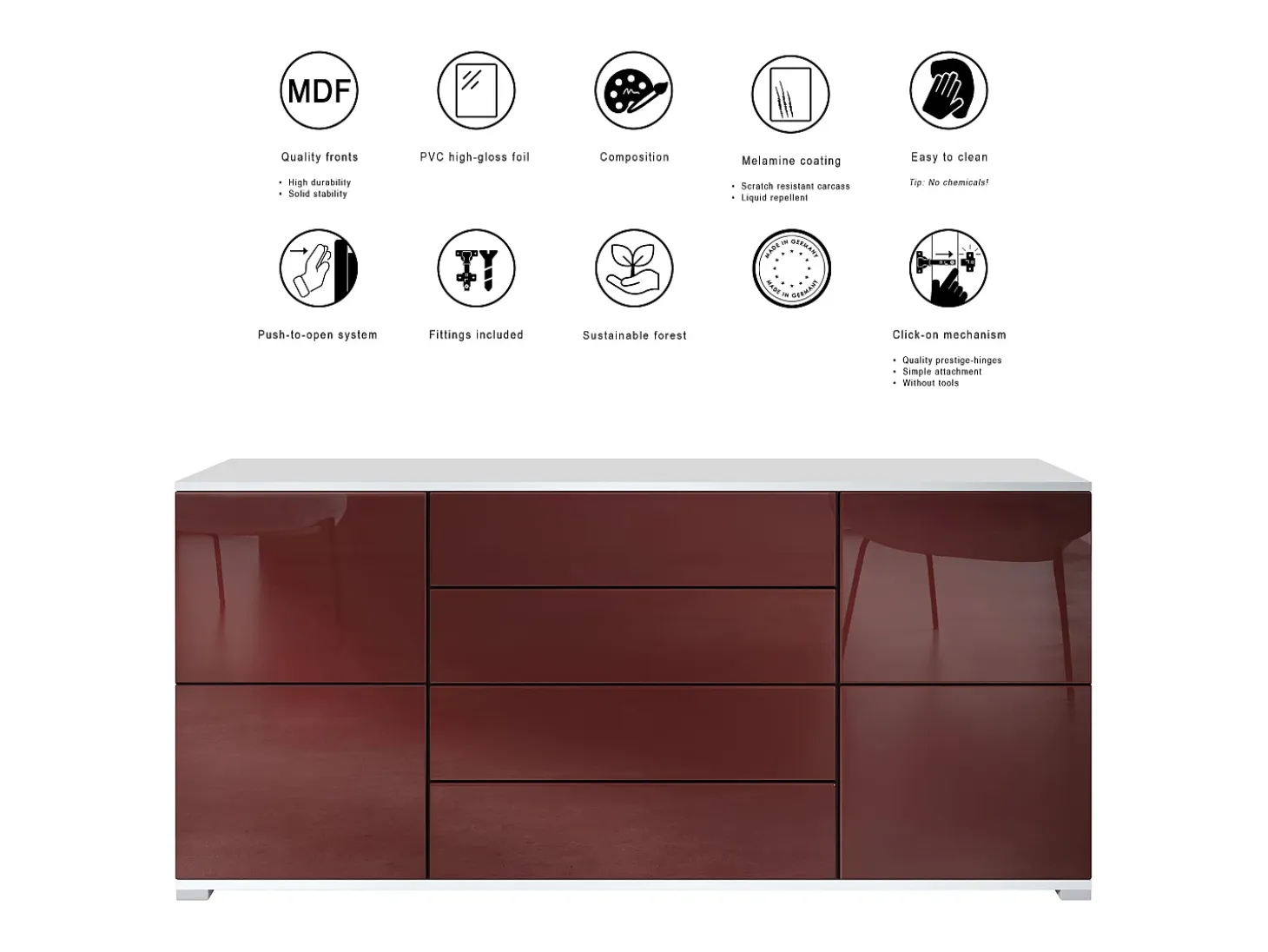 Aparador Rova V2 – Mueble con 4 Puertas y 4 Cajones, blanco mate/crema de alto brillo (166,5 x 75,5 x 35)