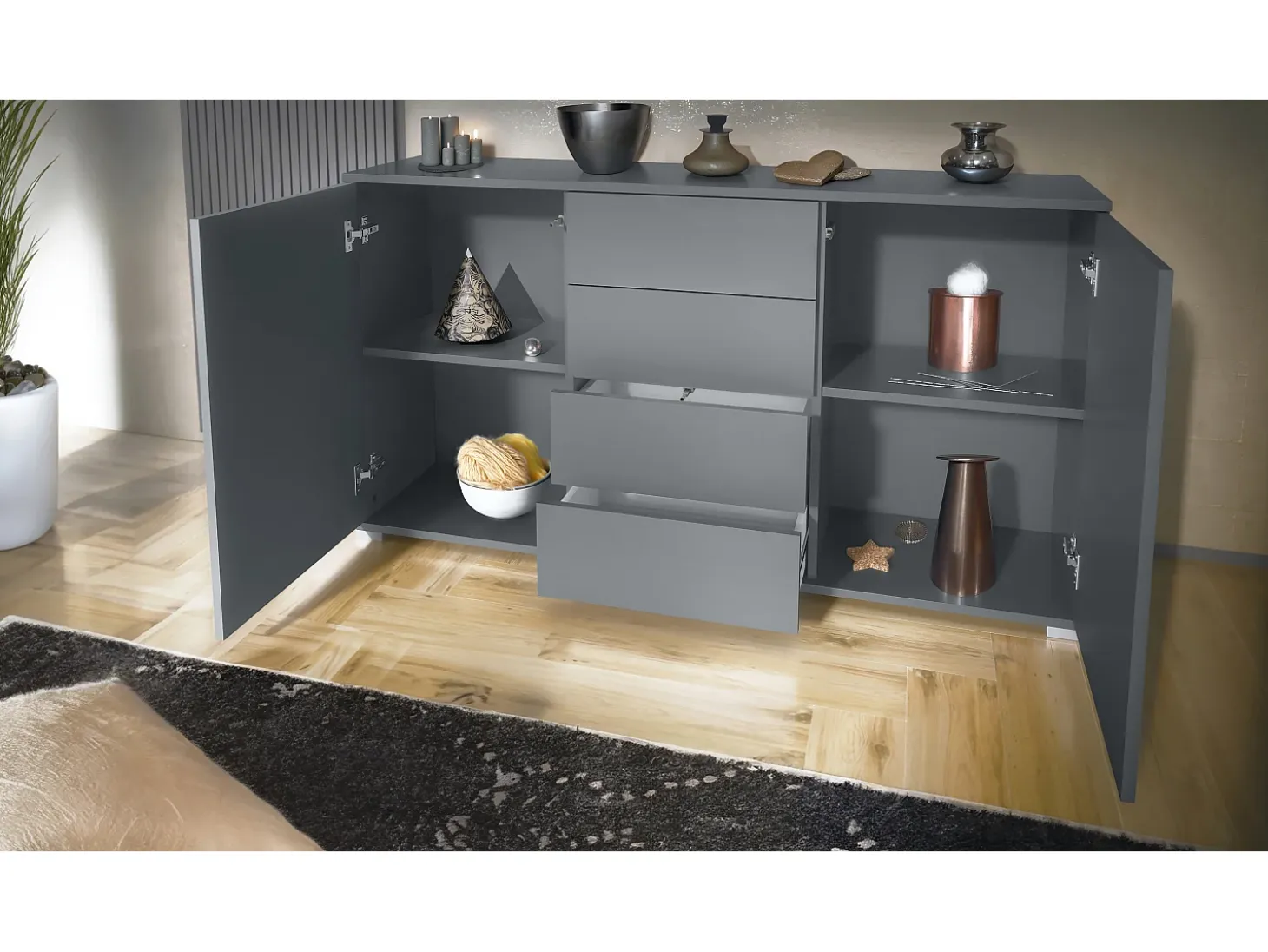 Aparador Santo V1, Mueble con 2 puertas y 4 cajones, antracita mate / negro mate (138,5 x 75,5 x 35 cm)