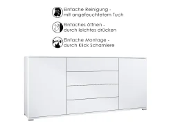 Aparador Santo V2, Mueble con 2 puertas y 4 cajones, blanco mate / blanco mate (166,5 x 75,5 x 35 cm)