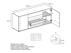 Aparador Santo V2, Mueble con 2 puertas y 4 cajones, blanco mate / blanco mate (166,5 x 75,5 x 35 cm)