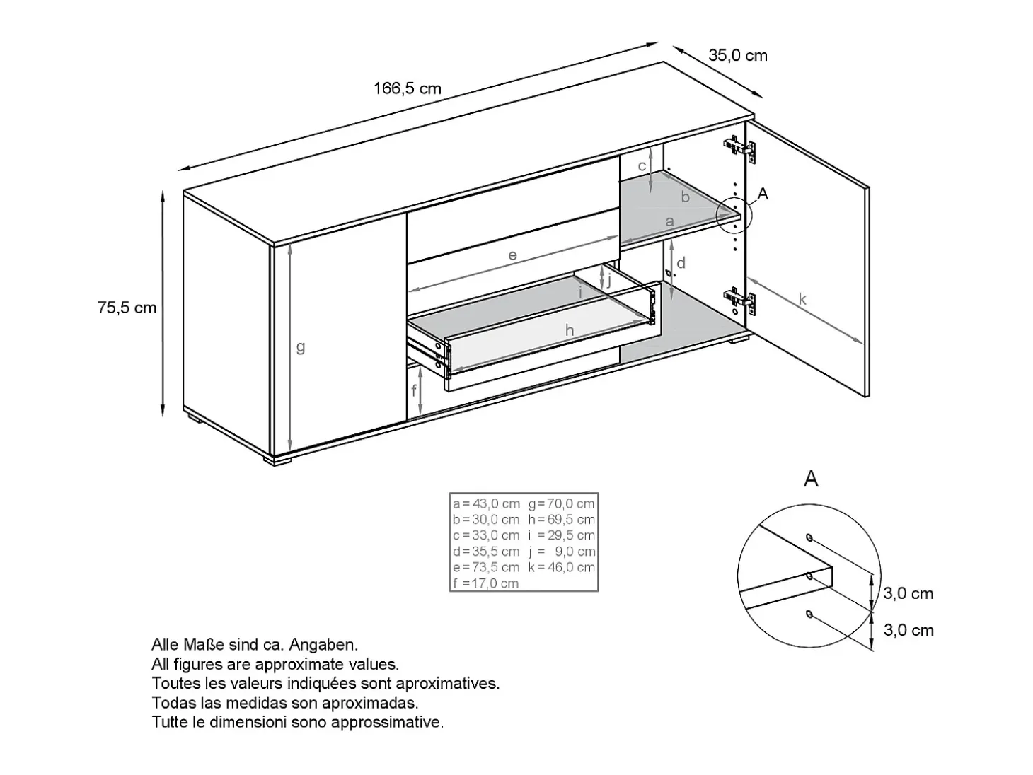 Aparador Santo V2, Mueble con 2 puertas y 4 cajones, blanco mate / blanco mate (166,5 x 75,5 x 35 cm)