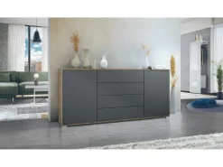Aparador Santo V2, Mueble con 2 puertas y 4 cajones, Roble Evoke / antracita mate (166,5 x 75,5 x 35 cm)