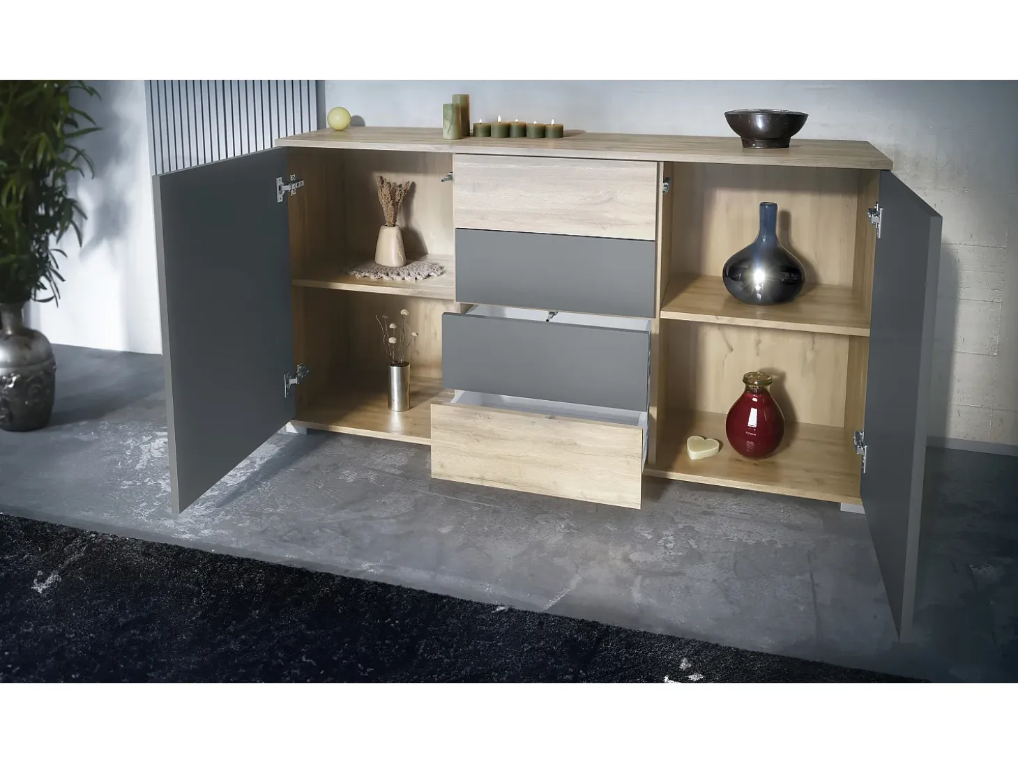 Aparador Santo V1, Mueble con 2 puertas y 4 cajones, Roble Evoke / blanco mate (138,5 x 75,5 x 35 cm)