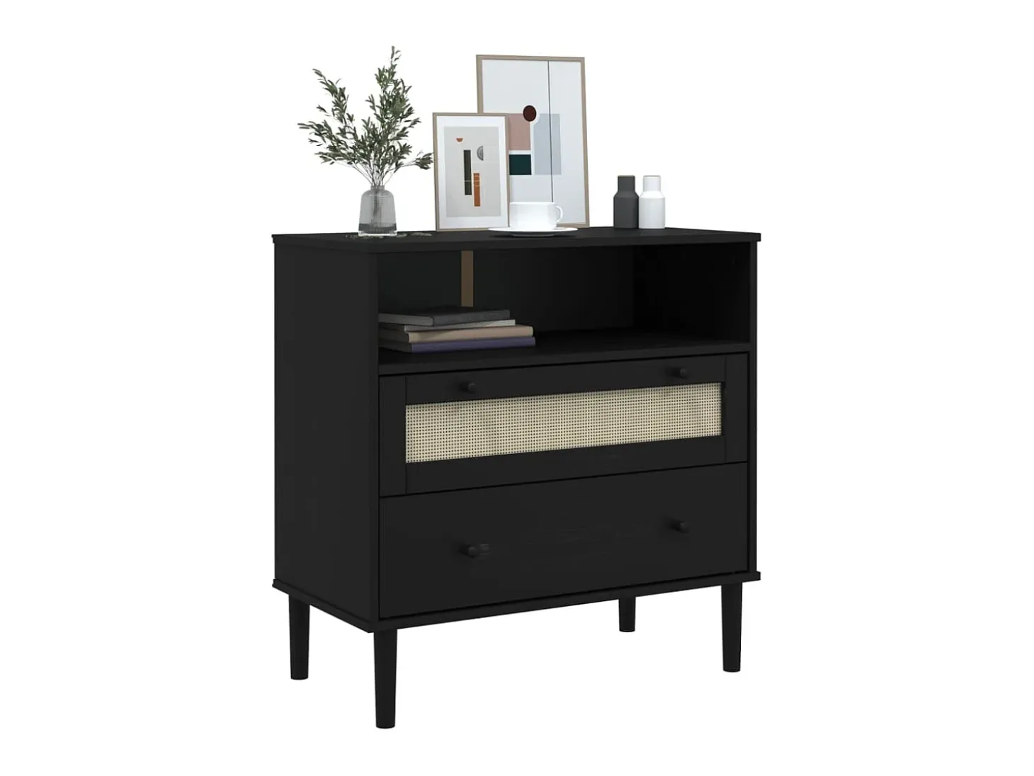 Aparador SENJA aspecto de ratán madera pino negro 80x40x80 cm ES19156