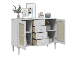 Aparador SENJA en imitación ratán blanco 112x40x80cm madera maciza de pino