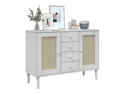 Aparador SENJA en imitación ratán blanco 112x40x80cm madera maciza de pino