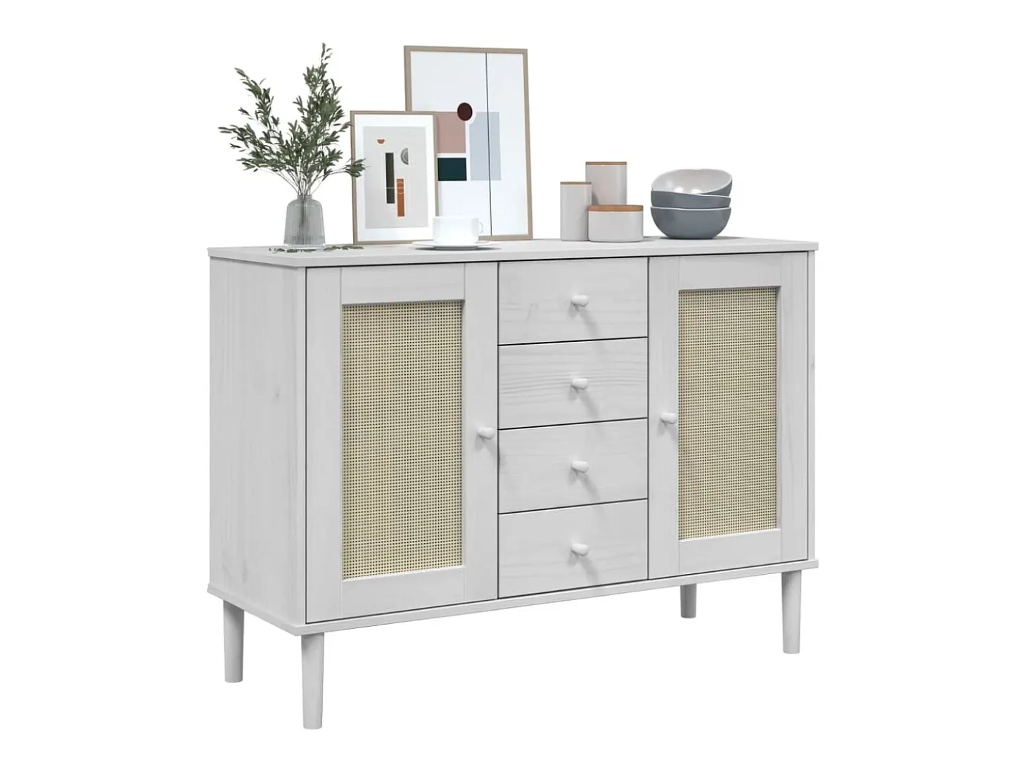 Aparador SENJA en imitación ratán blanco 112x40x80cm madera maciza de pino