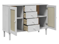 Aparador SENJA en imitación ratán blanco 112x40x80cm madera maciza de pino