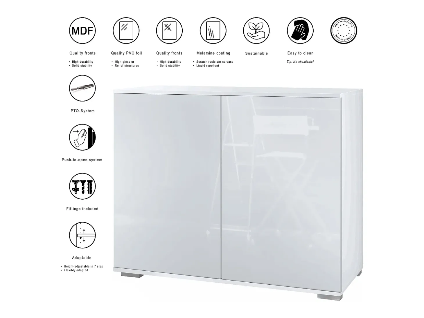 Aparador Skadu V3, Armario de Cocina Moderno con 2 Puertas Grandes blanco mate / negro de alto brillo (92,5 x 75.5 x 35)