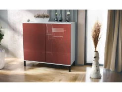 Aparador Skadu V3, Armario de Cocina Moderno con 2 Puertas Grandes blanco mate / burdeos de alto brillo (92,5 x 83.5 x 35)
