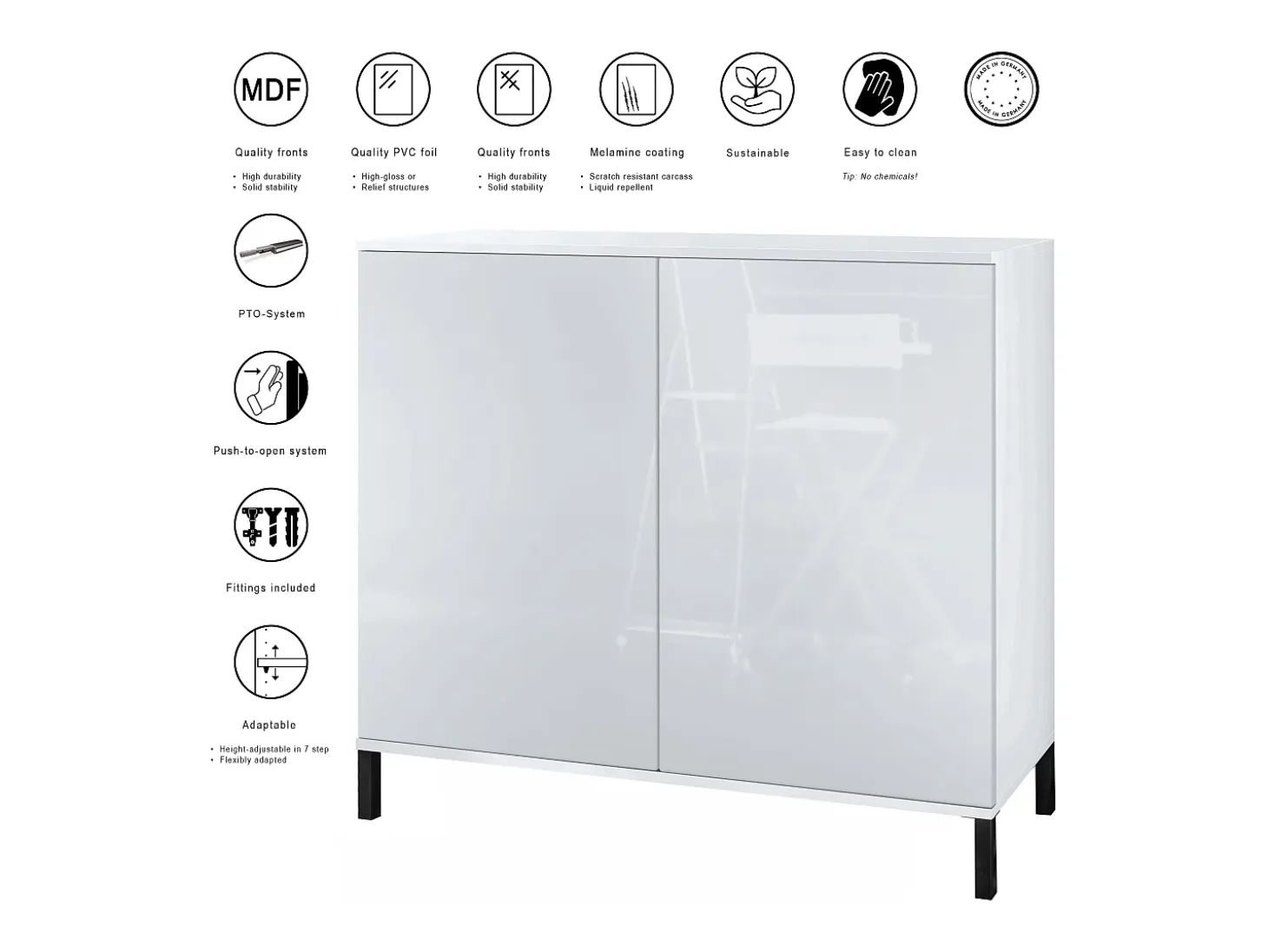 Aparador Skadu V3, Armario de Cocina Moderno con 2 Puertas Grandes blanco mate / burdeos de alto brillo (92,5 x 83.5 x 35)
